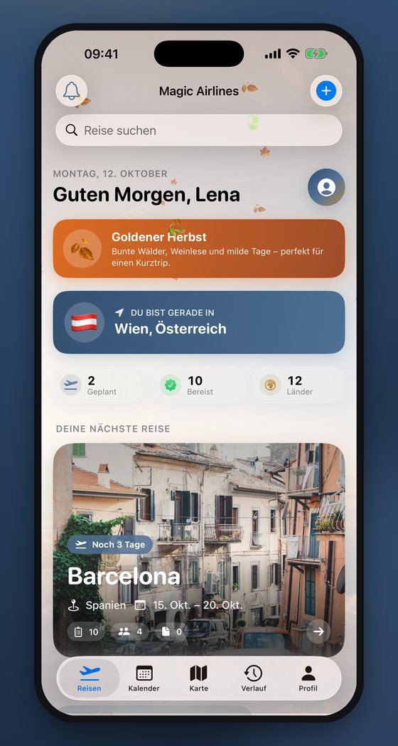 Übersicht mit Begrüßung, Countdown und der nächsten Reise