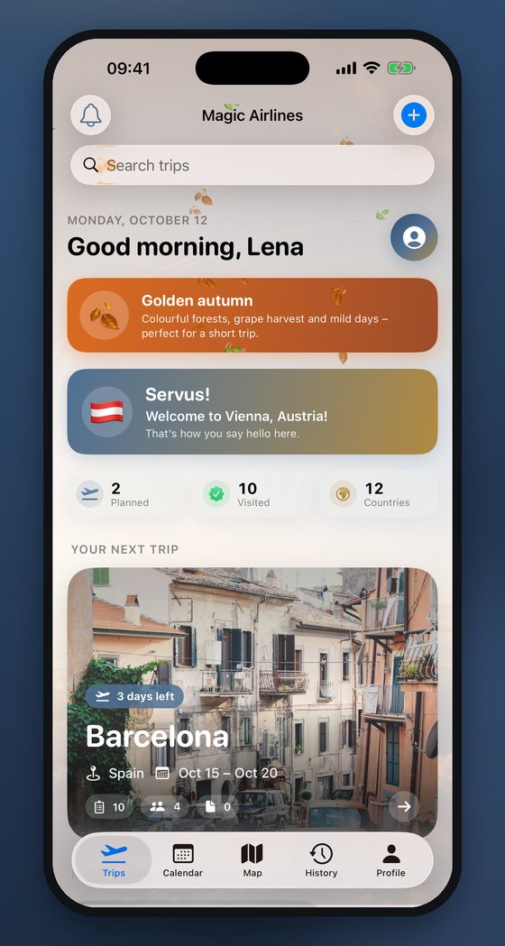 Overview with a greeting, countdown and your next trip