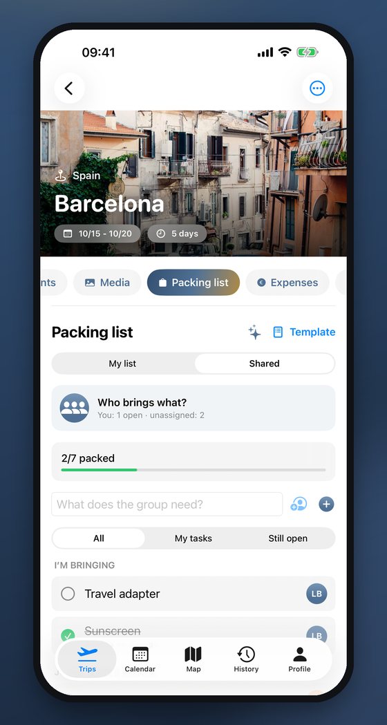 Shared packing list — who brings what